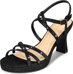 PIZZ ANNU Women's Stellora Platform High Heels Block Chunky Strappy Sparkly Rhinestone Open Toe Ankle Strap Dress Pump Sandals Shoes for Party Wedding