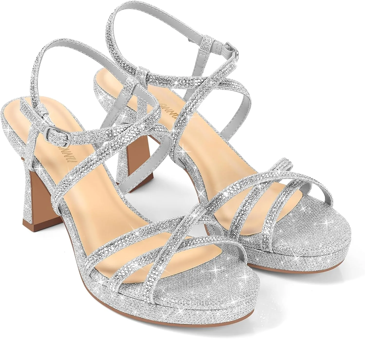 PIZZ ANNU Women's Stellora Platform High Heels Block Chunky Strappy Sparkly Rhinestone Open Toe Ankle Strap Dress Pump Sandals Shoes for Party Wedding