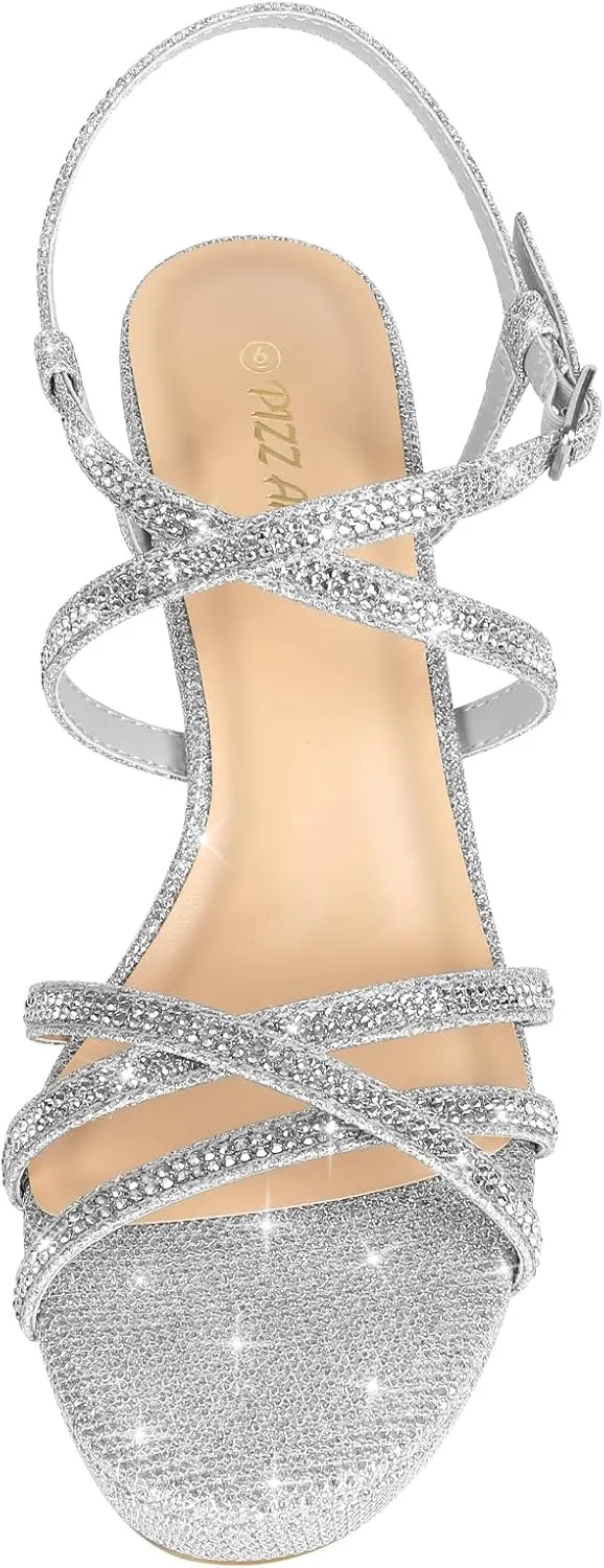 PIZZ ANNU Women's Stellora Platform High Heels Block Chunky Strappy Sparkly Rhinestone Open Toe Ankle Strap Dress Pump Sandals Shoes for Party Wedding