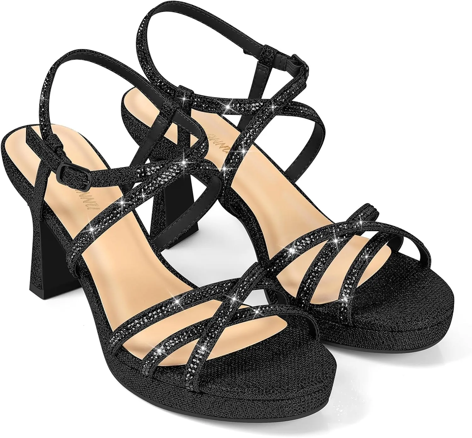 PIZZ ANNU Women's Stellora Platform High Heels Block Chunky Strappy Sparkly Rhinestone Open Toe Ankle Strap Dress Pump Sandals Shoes for Party Wedding