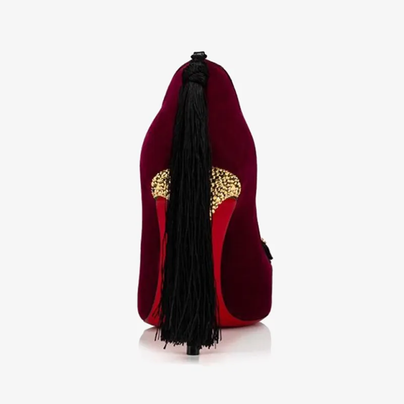 Red velvet Pump with Black Pompom