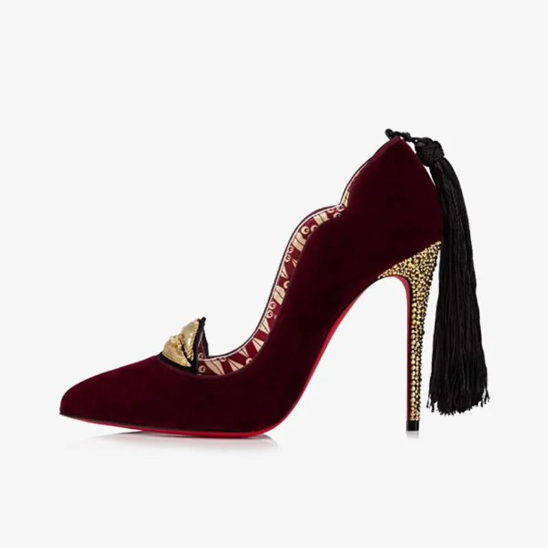 Red velvet Pump with Black Pompom