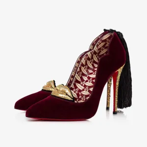 Red velvet Pump with Black Pompom