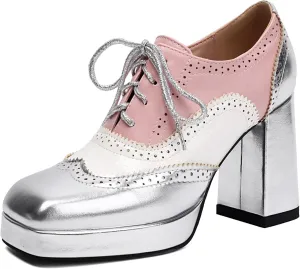 SACFOF Women Platform Oxford Shoes Lace Up Square Toe Wingtip Vintage Chunky Heel Ankle Booties Block High Heel Platform Pumps