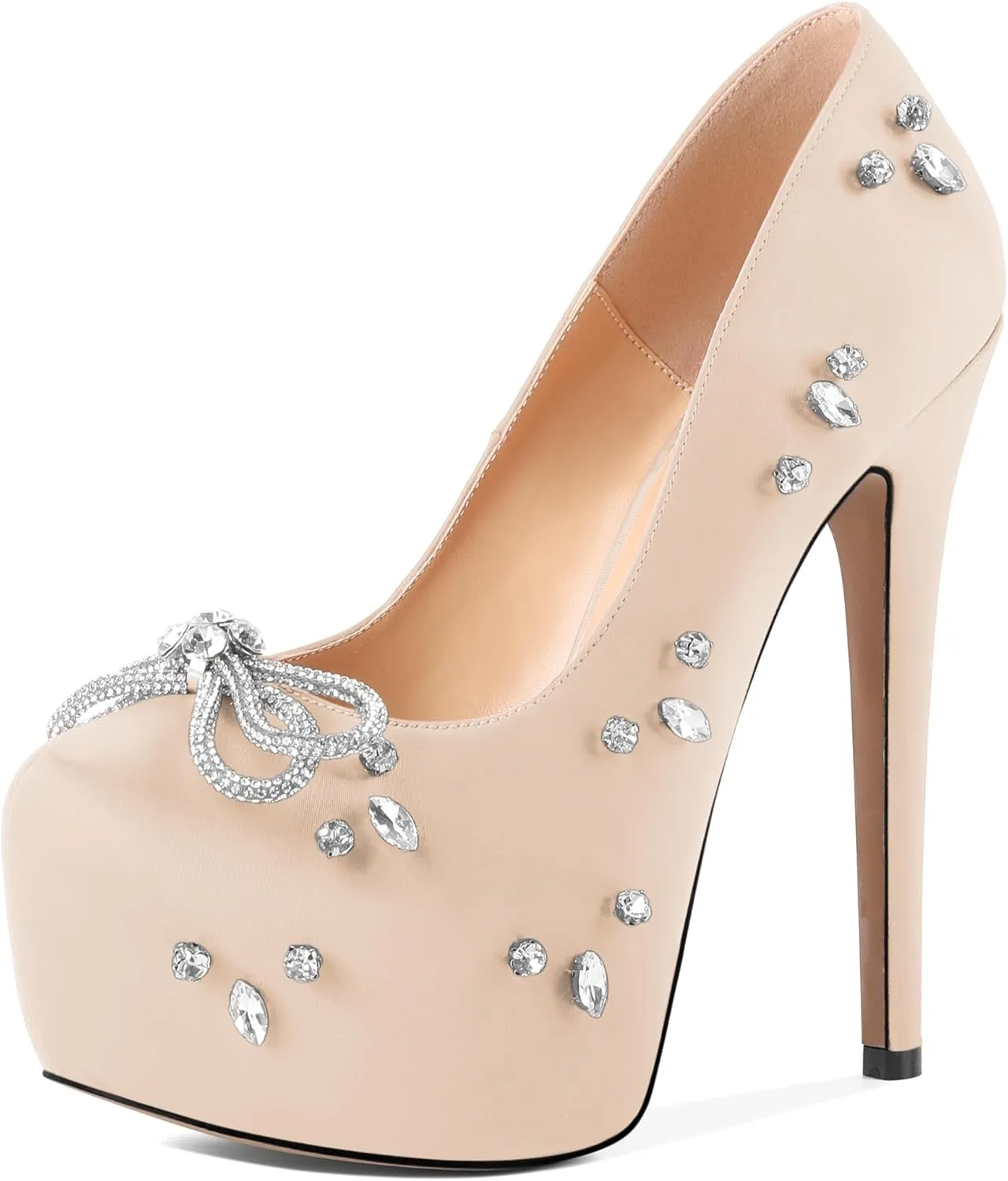 SAMMITOP Women's High Heel Platform Pumps Sparkly Rhinestone Bow Round Closed Toe Stilettos Satin Wedding Bridal Party Dress Pump Shoes 6 Inch