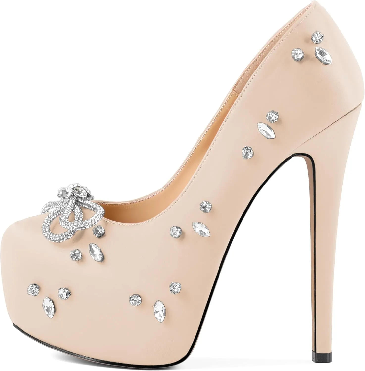 SAMMITOP Women's High Heel Platform Pumps Sparkly Rhinestone Bow Round Closed Toe Stilettos Satin Wedding Bridal Party Dress Pump Shoes 6 Inch