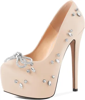 SAMMITOP Women's High Heel Platform Pumps Sparkly Rhinestone Bow Round Closed Toe Stilettos Satin Wedding Bridal Party Dress Pump Shoes 6 Inch