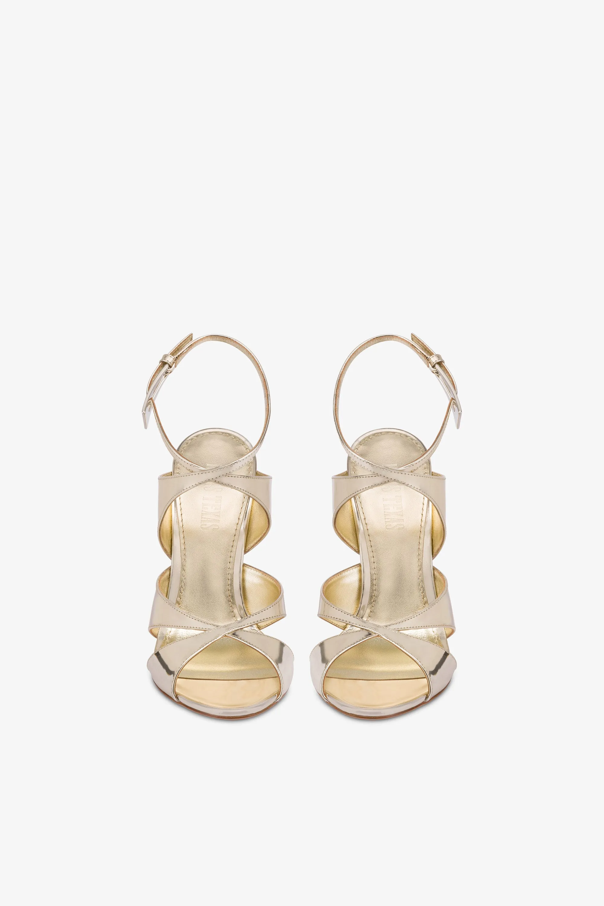 Sandals in platinum mirror-effect leather