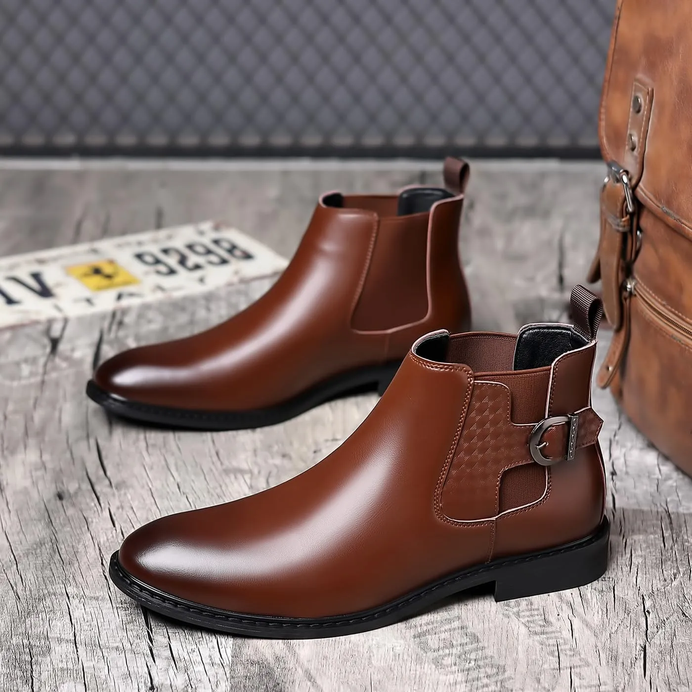 Santimon Men's Calf Leather Chelsea Boots Buckle Ankle Boot Business Formal Dress Slip On Boots