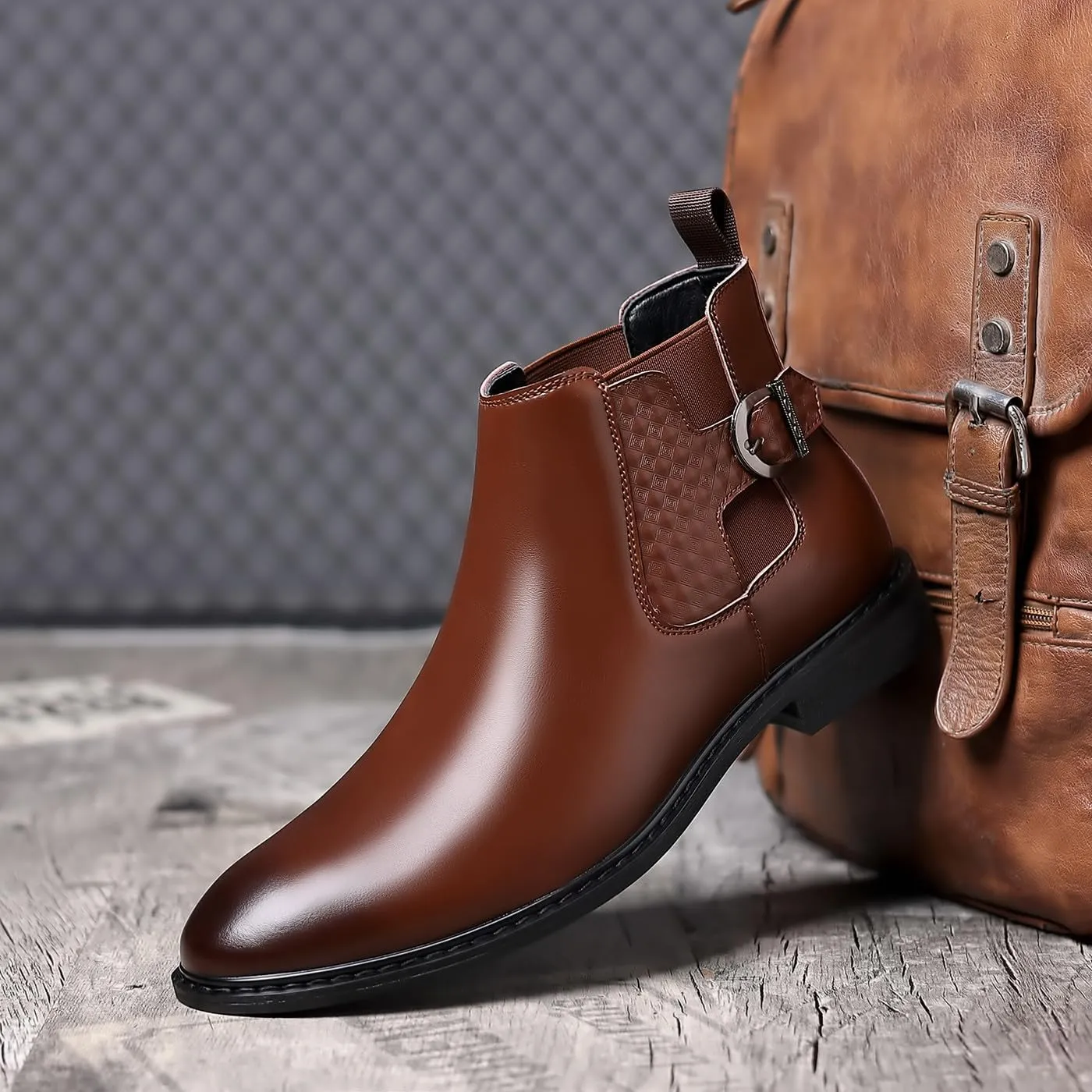 Santimon Men's Calf Leather Chelsea Boots Buckle Ankle Boot Business Formal Dress Slip On Boots
