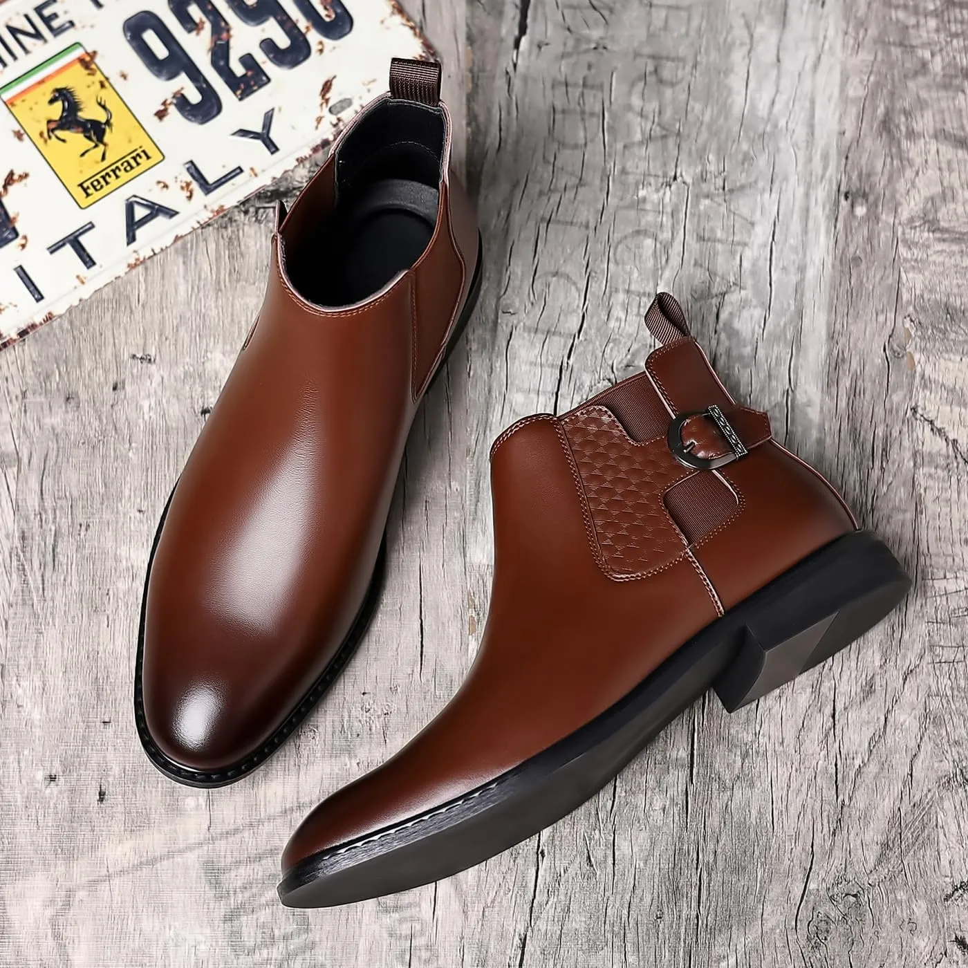 Santimon Men's Calf Leather Chelsea Boots Buckle Ankle Boot Business Formal Dress Slip On Boots