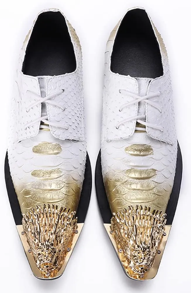 Santimon Mens Dragon Metal Pointed Toe Slip-on Shoes Formal Dress Oxfords Snake Print Business Derby Shoes