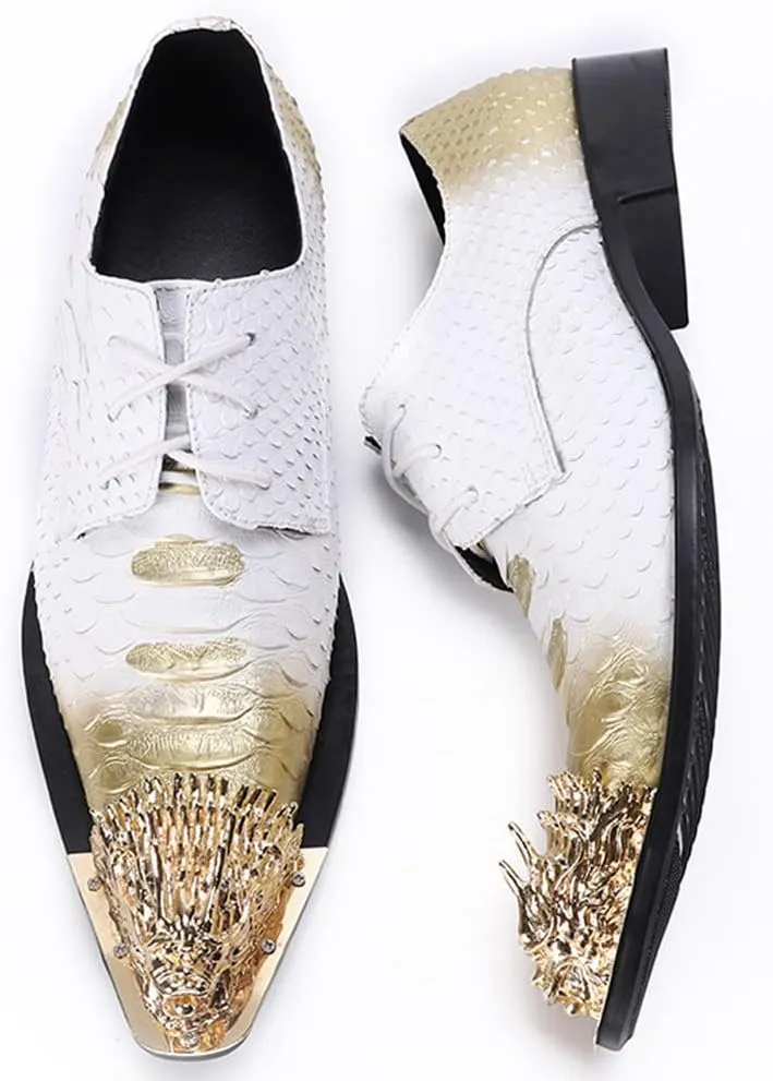 Santimon Mens Dragon Metal Pointed Toe Slip-on Shoes Formal Dress Oxfords Snake Print Business Derby Shoes