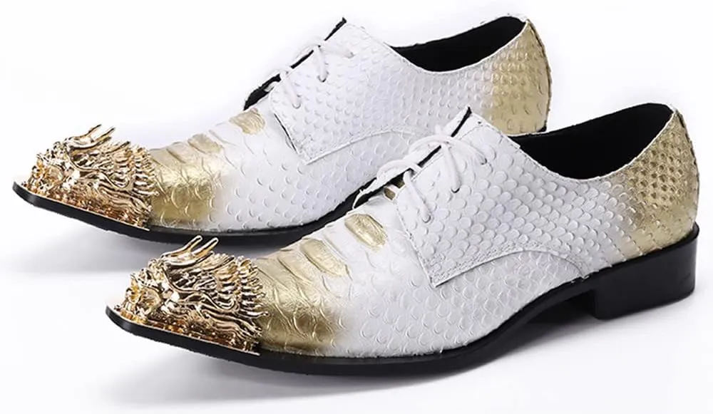 Santimon Mens Dragon Metal Pointed Toe Slip-on Shoes Formal Dress Oxfords Snake Print Business Derby Shoes