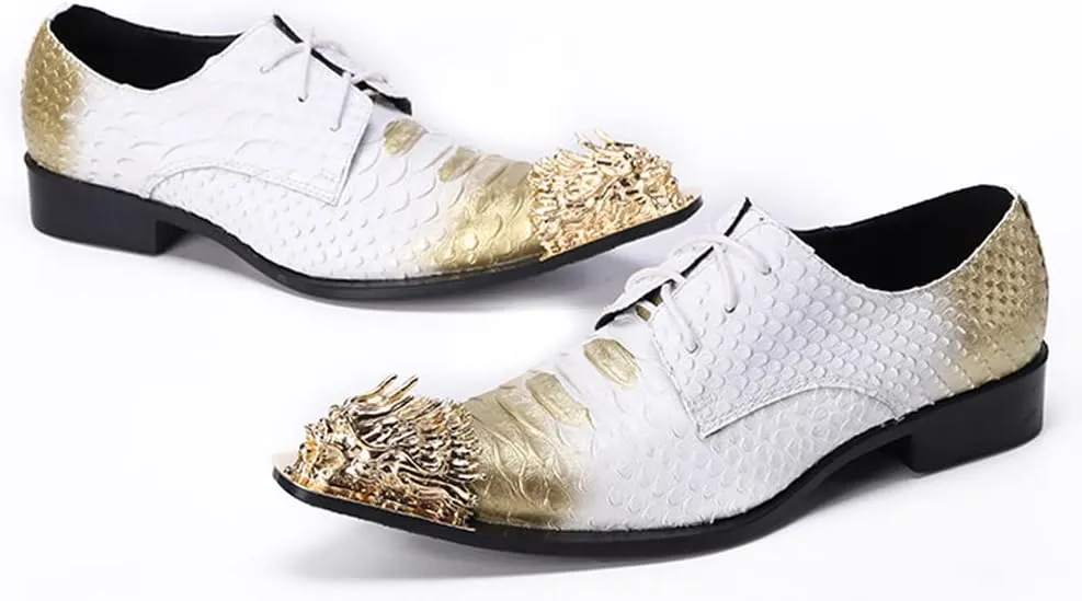 Santimon Mens Dragon Metal Pointed Toe Slip-on Shoes Formal Dress Oxfords Snake Print Business Derby Shoes