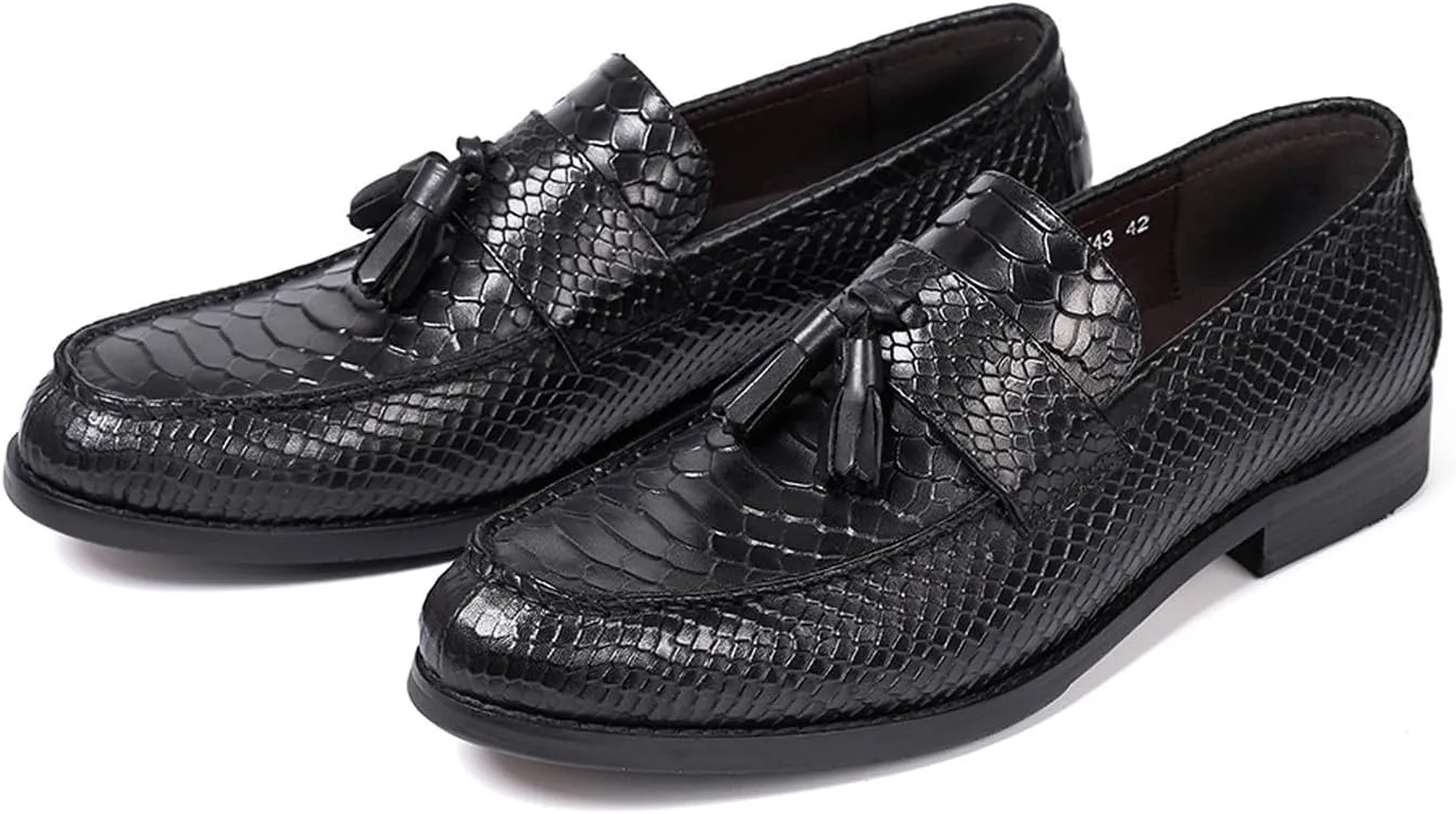 Santimon Mens Tassel Loafers Formal Dress Slip On Shoes Genunie Leather Cap Toe Mocasines Business Casual Prom Wedding Crocodile Embossing Penny Loafer Fashion Tuxedo Suit Shoes for Men