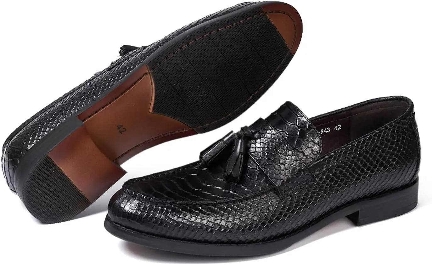 Santimon Mens Tassel Loafers Formal Dress Slip On Shoes Genunie Leather Cap Toe Mocasines Business Casual Prom Wedding Crocodile Embossing Penny Loafer Fashion Tuxedo Suit Shoes for Men