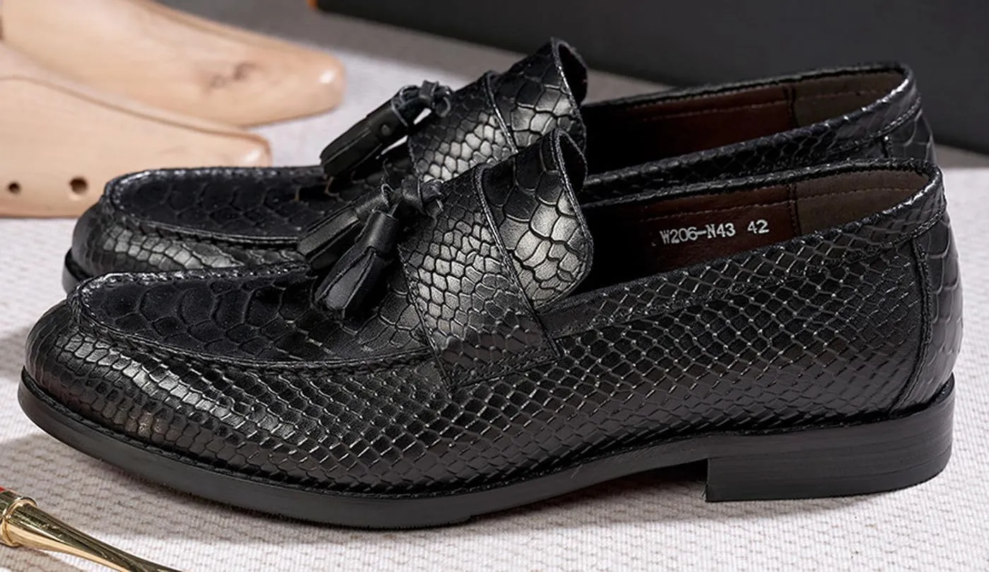 Santimon Mens Tassel Loafers Formal Dress Slip On Shoes Genunie Leather Cap Toe Mocasines Business Casual Prom Wedding Crocodile Embossing Penny Loafer Fashion Tuxedo Suit Shoes for Men