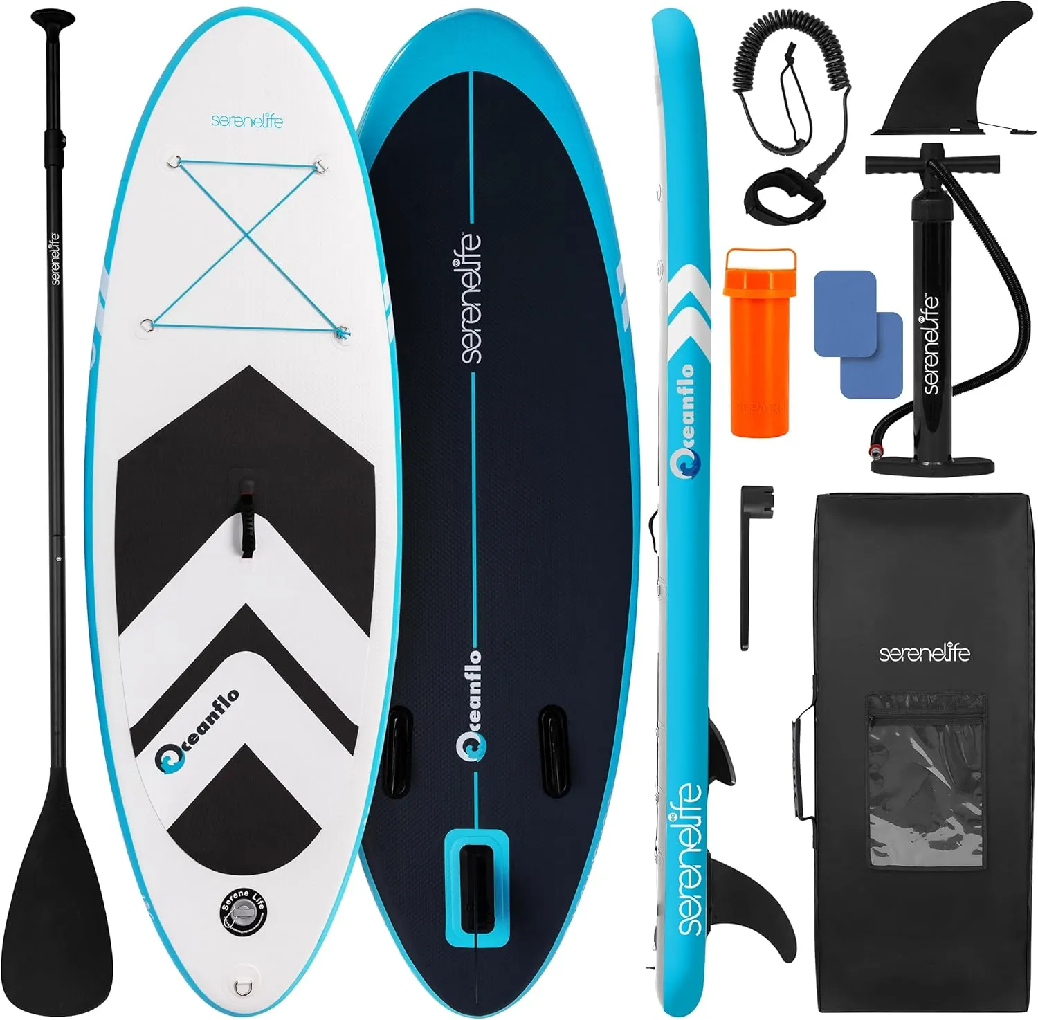 SereneLife 7'9" Kids Inflatable Stand Up Paddle Board - SUP for Youth with Single-Action Pump, Adjustable Paddle & Backpack - 30” Wide Stable Design with Non-Slip EVA Deck Pad, Ages 5 , 200lb Capacity