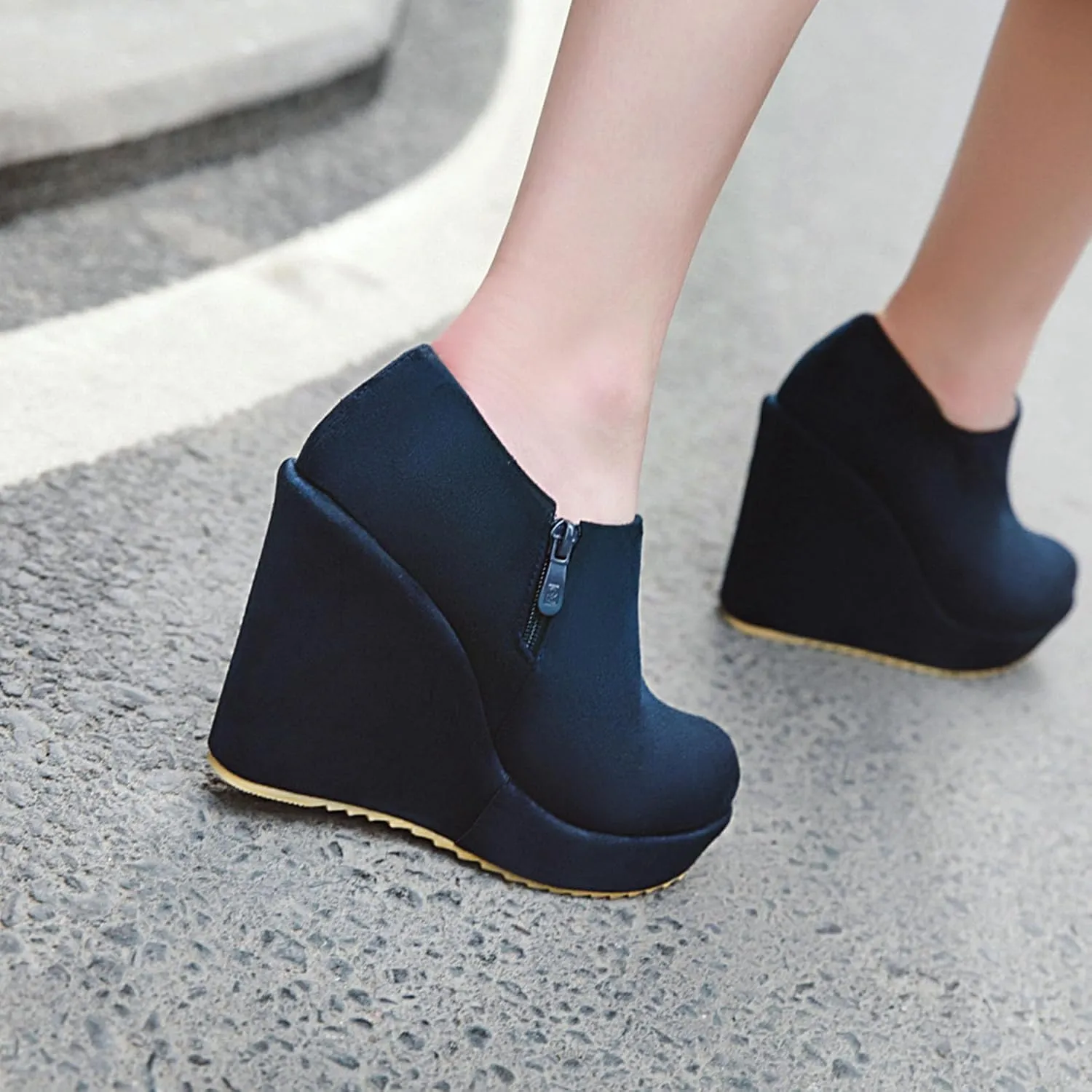 SHEMEE Women's Wedge Heels Ankle Boots High Heeled Platform Pumps Round Toe Zip Up Short Booties Office Party Dress Shoes