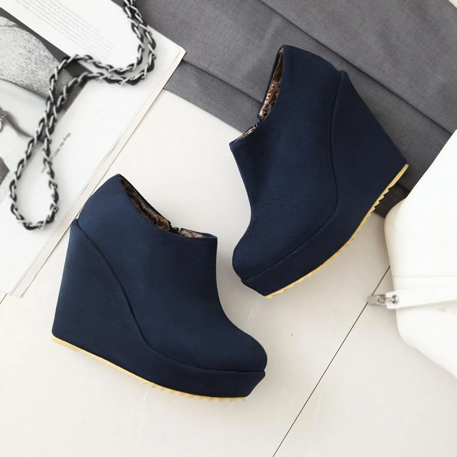 SHEMEE Women's Wedge Heels Ankle Boots High Heeled Platform Pumps Round Toe Zip Up Short Booties Office Party Dress Shoes
