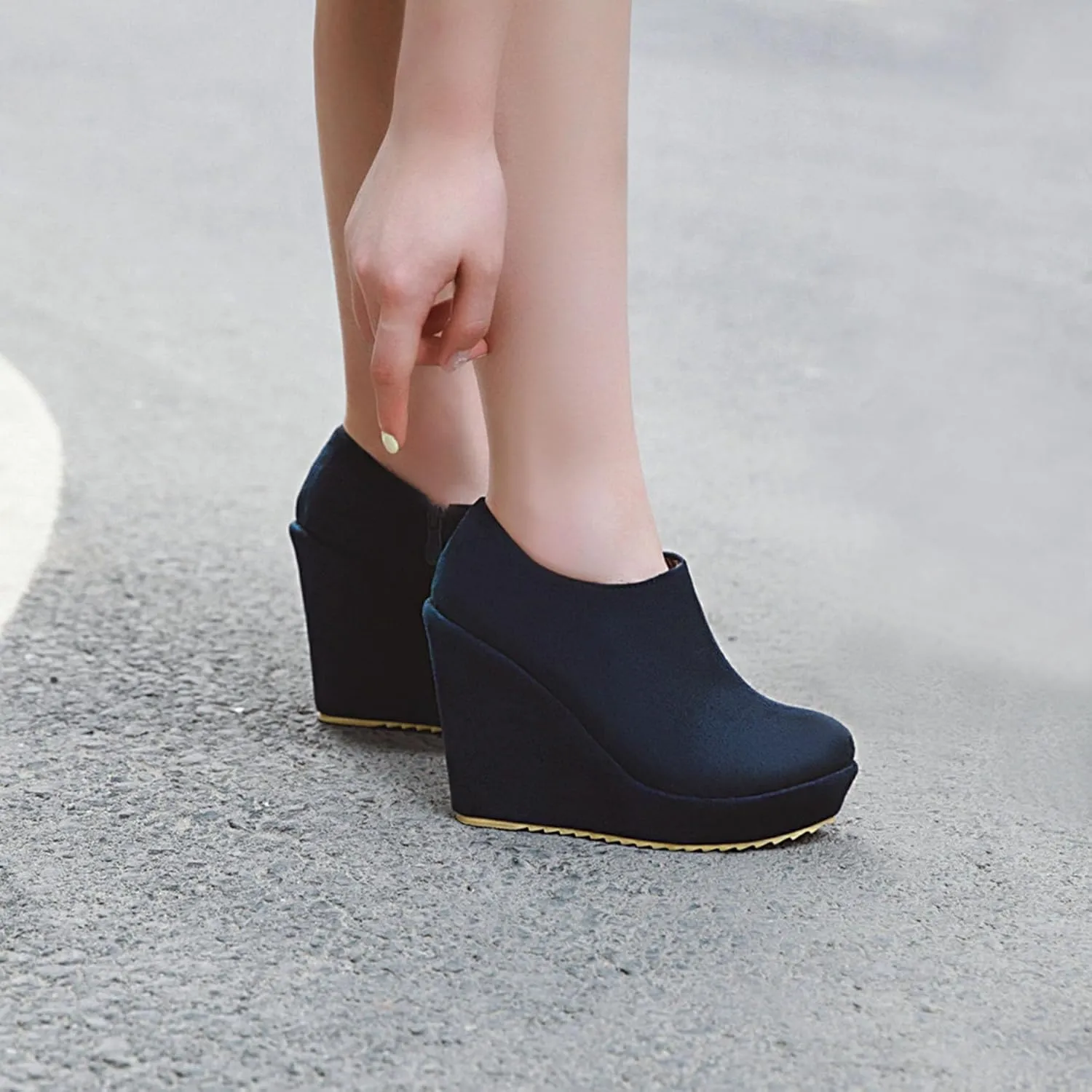 SHEMEE Women's Wedge Heels Ankle Boots High Heeled Platform Pumps Round Toe Zip Up Short Booties Office Party Dress Shoes