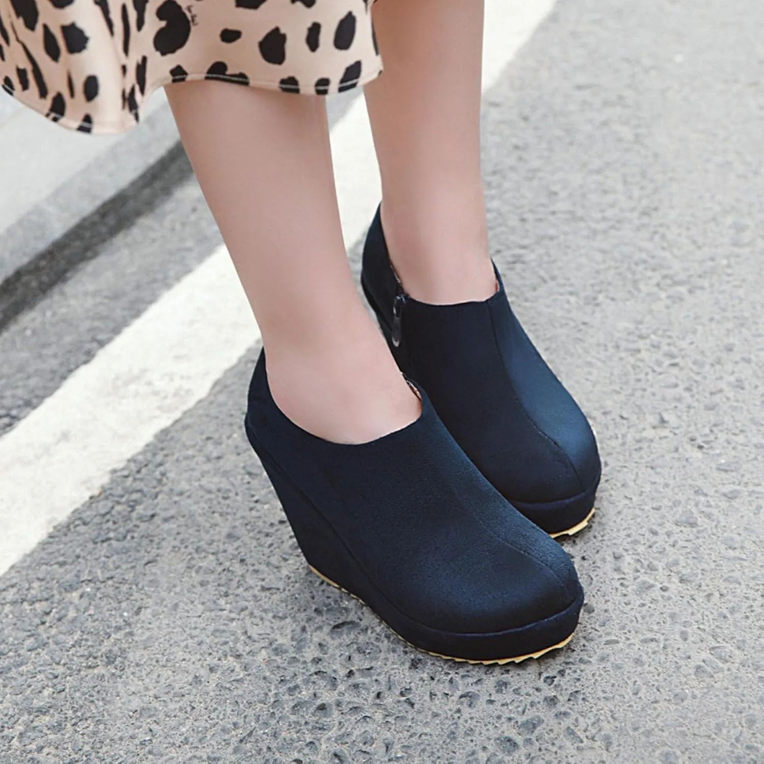 SHEMEE Women's Wedge Heels Ankle Boots High Heeled Platform Pumps Round Toe Zip Up Short Booties Office Party Dress Shoes