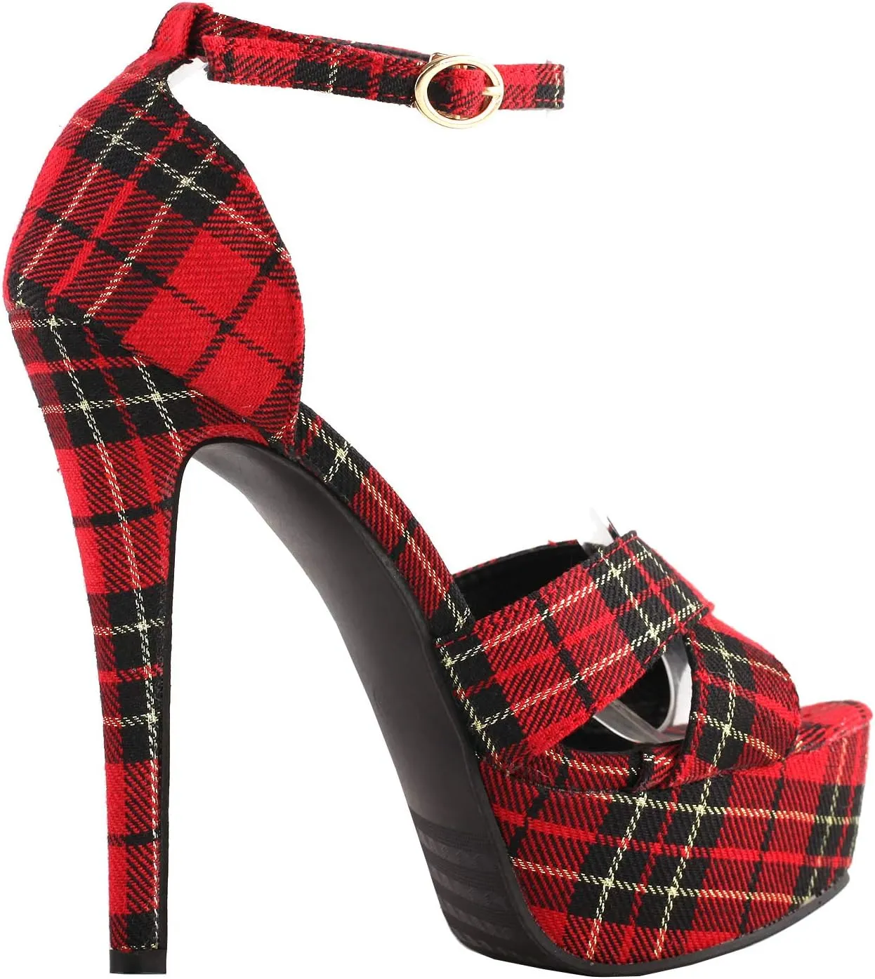 SHOW STORY Sexy Red Checkered Ankle Strap Open Toe Platform Stiletto Pump Shoes,LF80107