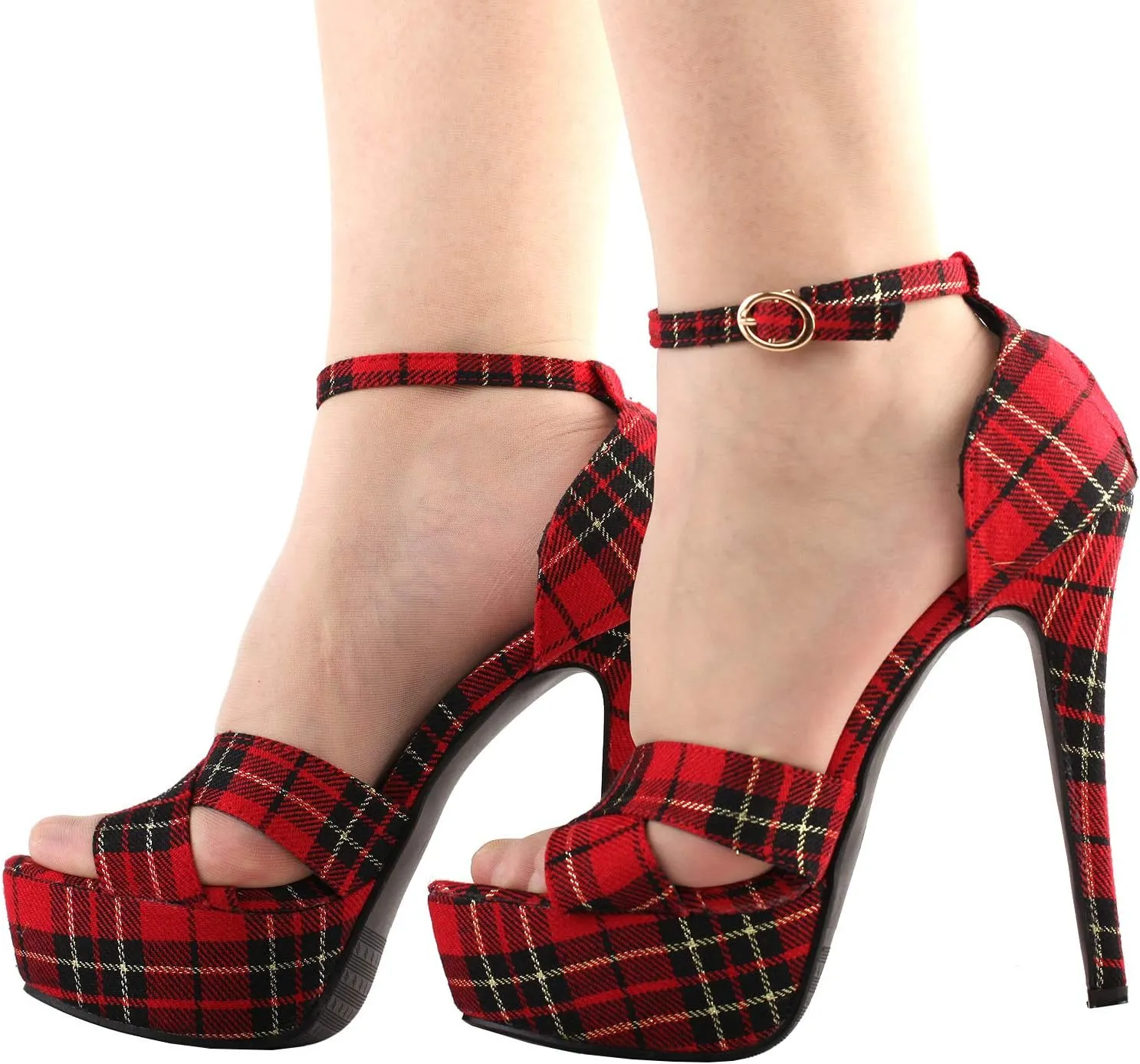 SHOW STORY Sexy Red Checkered Ankle Strap Open Toe Platform Stiletto Pump Shoes,LF80107