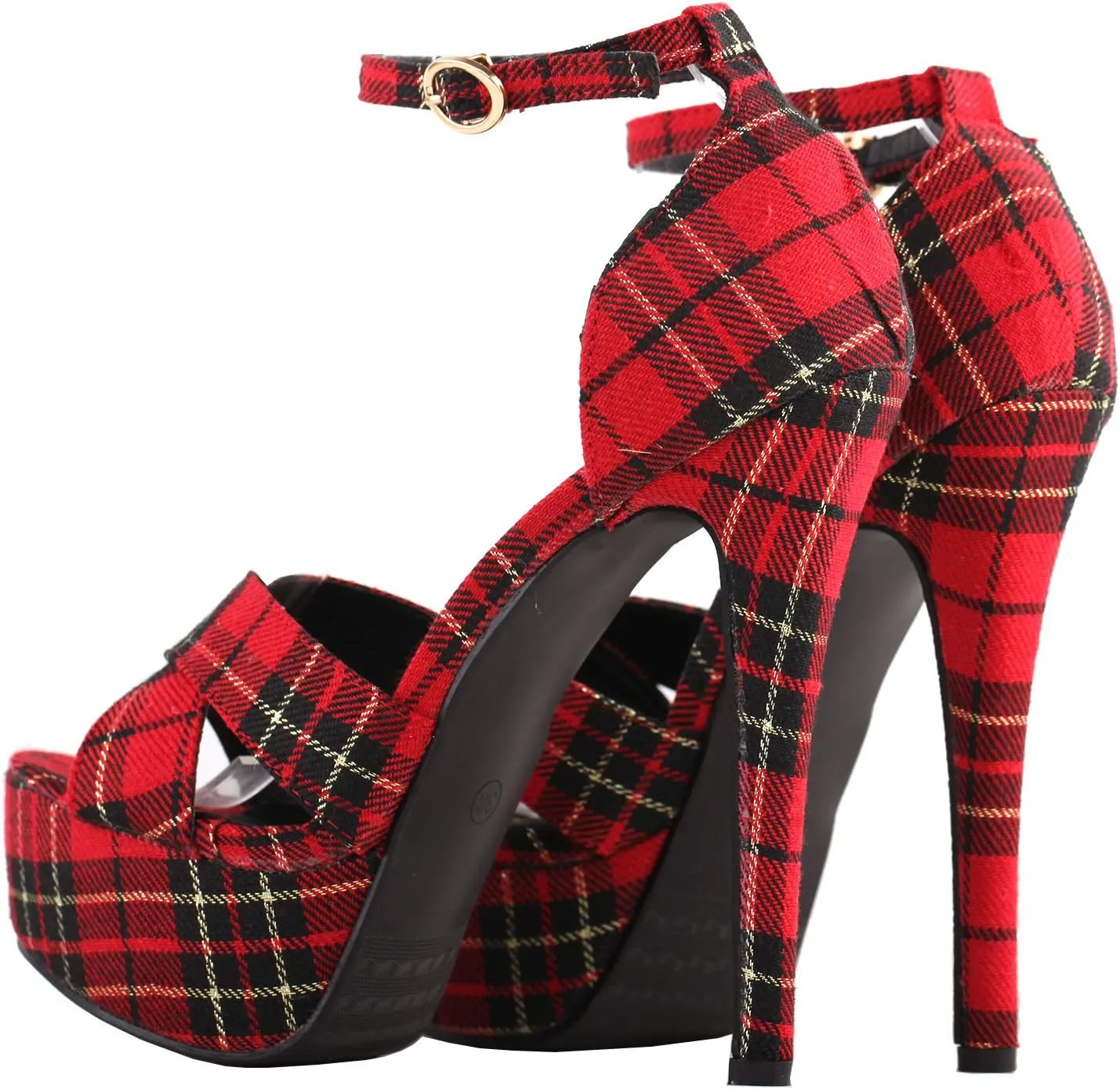 SHOW STORY Sexy Red Checkered Ankle Strap Open Toe Platform Stiletto Pump Shoes,LF80107