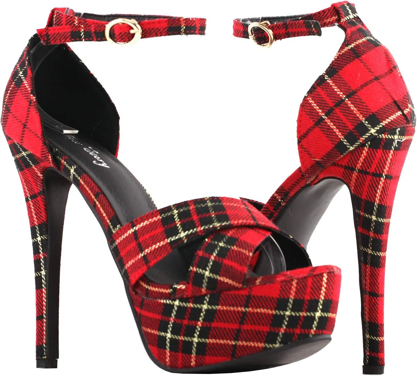 SHOW STORY Sexy Red Checkered Ankle Strap Open Toe Platform Stiletto Pump Shoes,LF80107