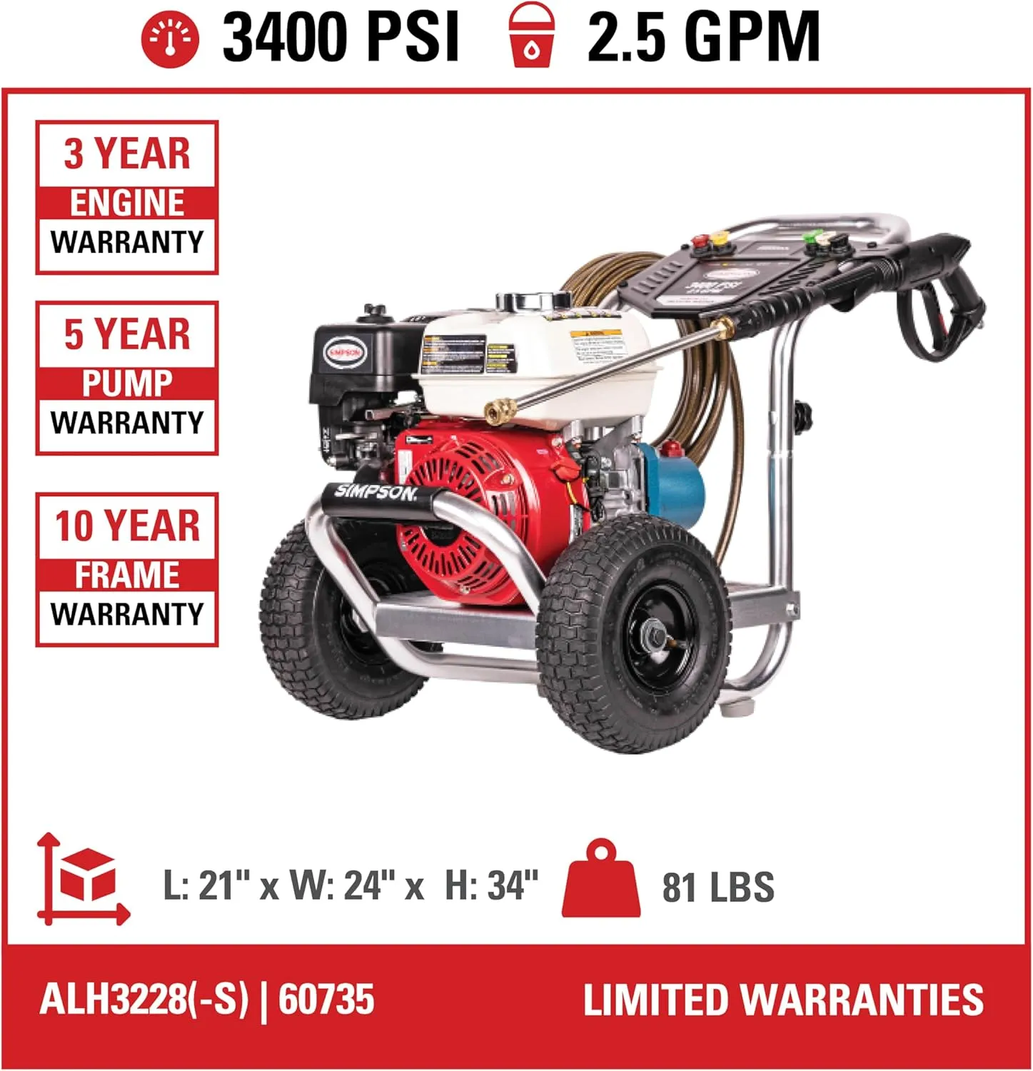 SIMPSON Cleaning ALH3228-S Aluminum Series 3400 PSI Gas Pressure Washer, 2.5 GPM, HONDA GX200 Engine, CAT Triplex Pump, Includes Spray Gun, Extension Wand, 5 QC Nozzle Tips, 5/16" x 25' Hose, 49-State
