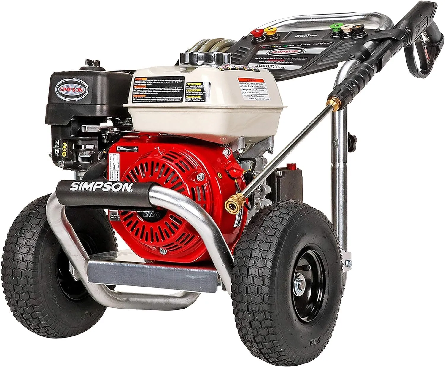 SIMPSON Cleaning ALH3425 Aluminum Series 3600 PSI Gas Pressure Washer, 2.5 GPM, Honda GX200 Engine, Includes Spray Gun and Extension Wand, 5 QC Nozzle Tips, 5/16-inch x 35-foot MorFlex Hose, 49-State