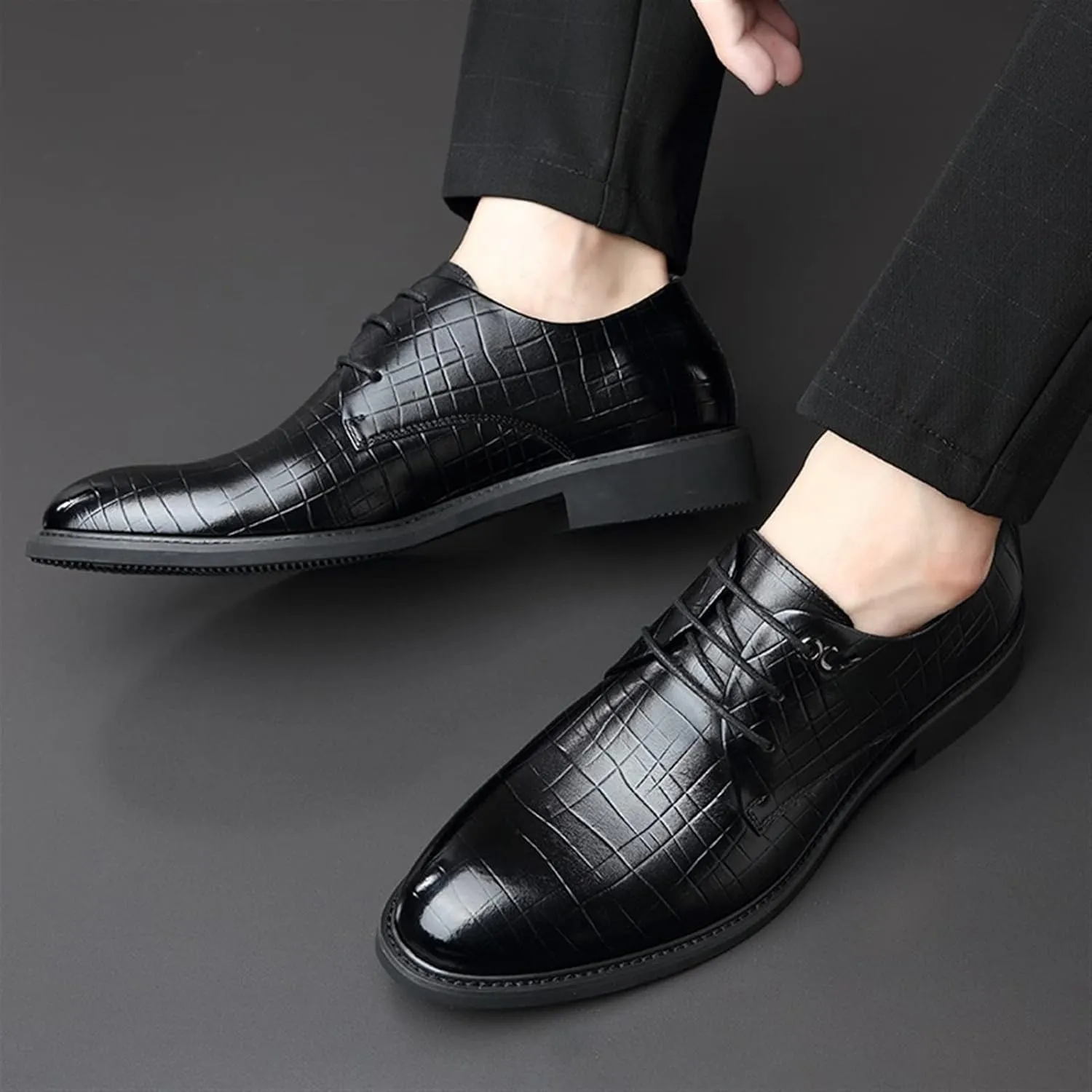 Single Season Dress Oxford Shoes for Men Lace Up Round Toe Plaid Derby Shoes Leather Slip Resistant Rubber Sole Non Slip Block Heel Wedding Very Popular Among Young People