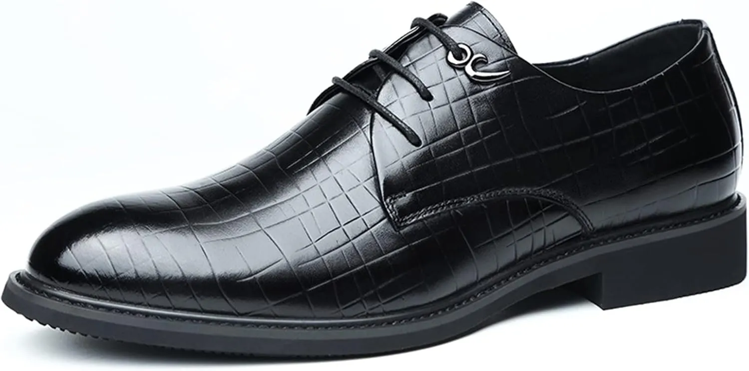 Single Season Dress Oxford Shoes for Men Lace Up Round Toe Plaid Derby Shoes Leather Slip Resistant Rubber Sole Non Slip Block Heel Wedding Very Popular Among Young People