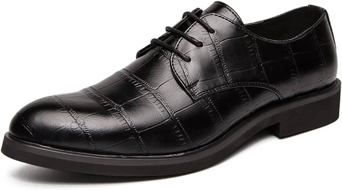 Single Season Formal Shoes for Men Lace Up Plaid Round Burnished Toe Derby Shoes Faux Leather Rubber Sole Block Heel Anti-Slip Classic Very Popular Among Young People