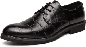 Single Season Formal Shoes for Men Lace Up Plaid Round Burnished Toe Derby Shoes Faux Leather Rubber Sole Block Heel Anti-Slip Classic Very Popular Among Young People