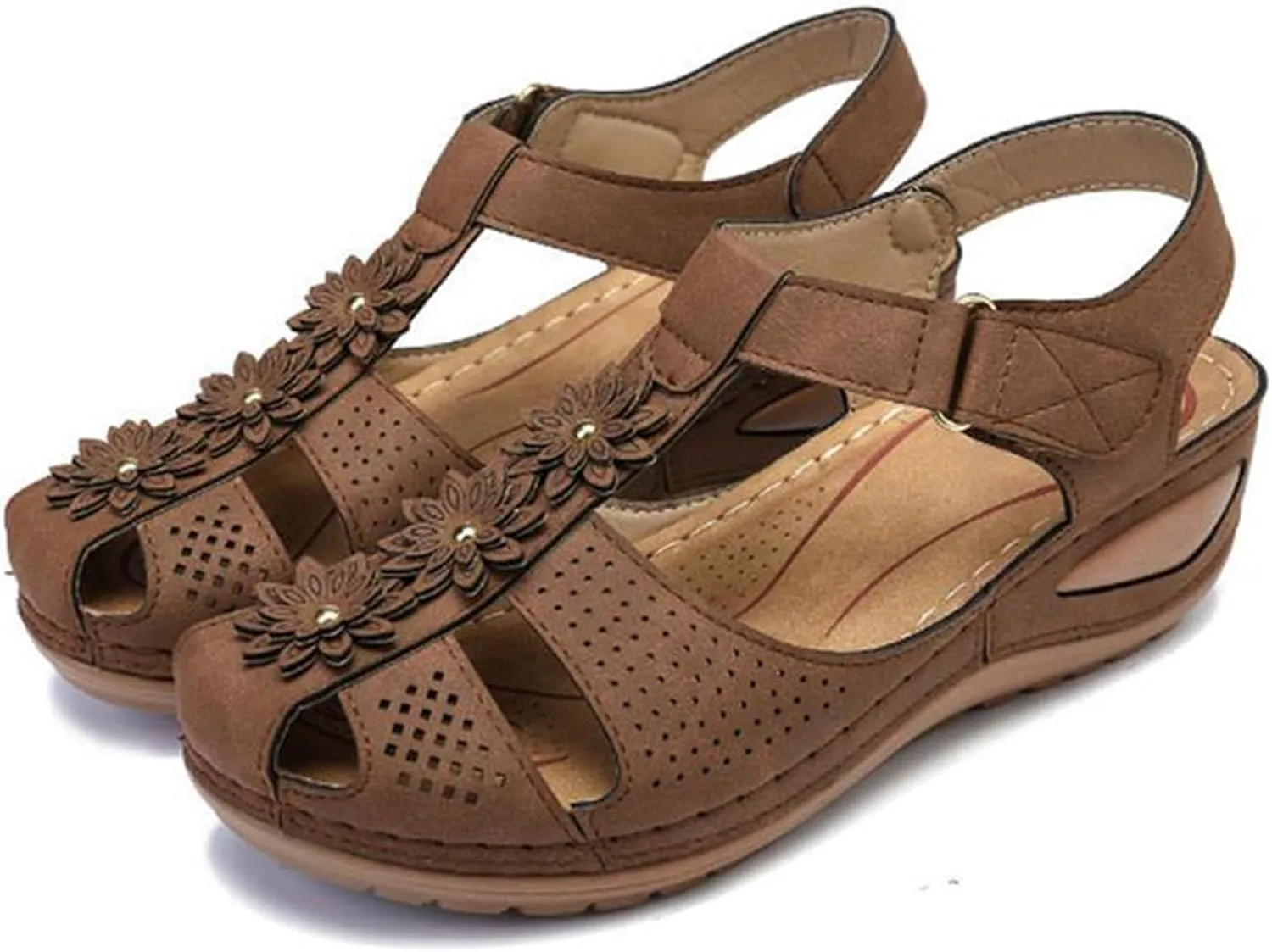 Slide Sandals Women Comfortable Closed Toe Wedge Sandals Orthotic Hollow Out Slingback Non Slip Yoga Mat Shoes Flower Design Summer Beach Shoes with Adjustable Ankle Strap