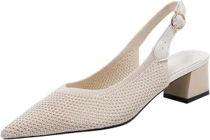 Slingback Heels for Women Closed Pointed Toe Cute Bowknot Knitted Low Chunky Block Heel Pumps with Ankle Strap Summer Work Party Dress Shoes