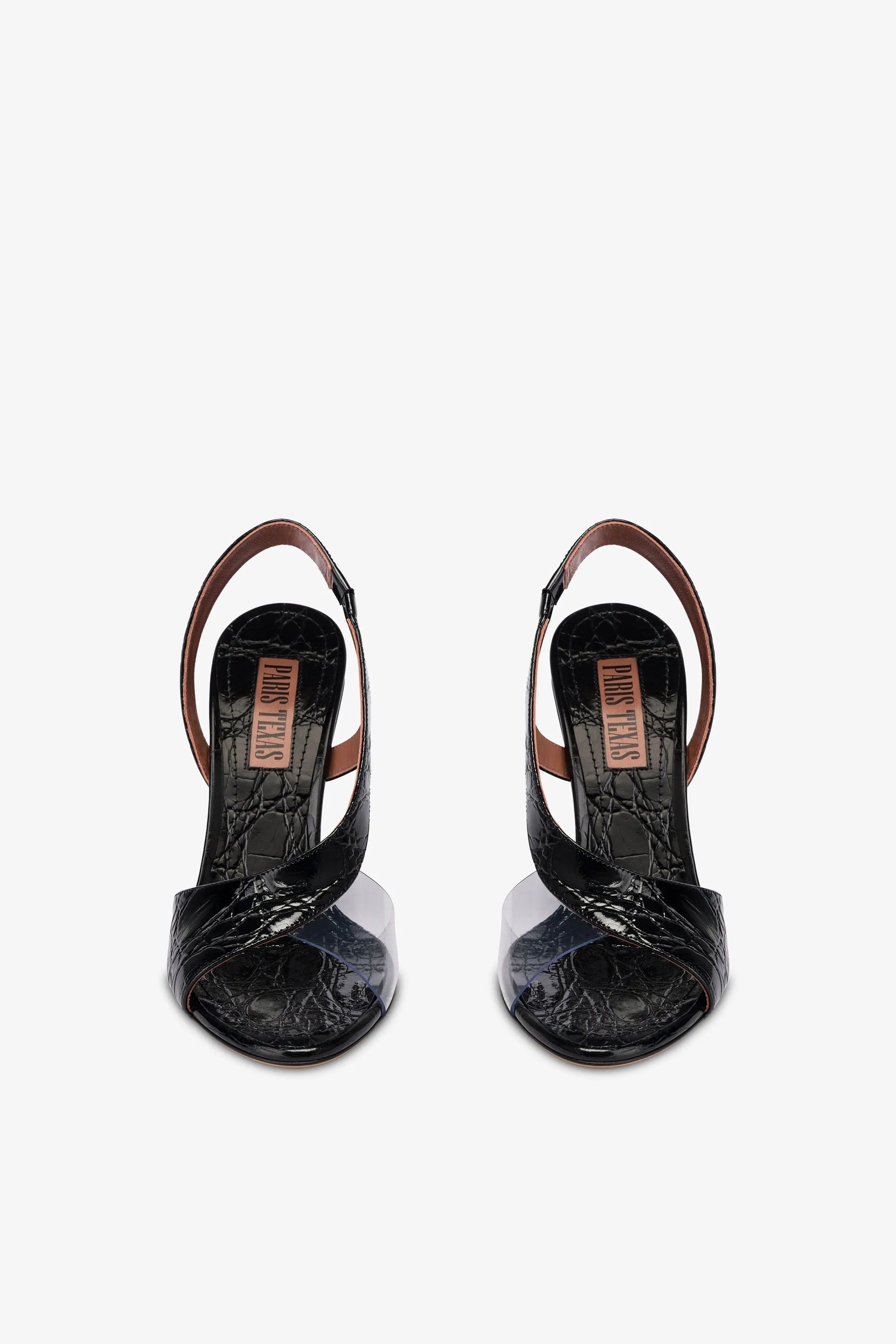 Slingbacks in black PVC and croco-embossed leather