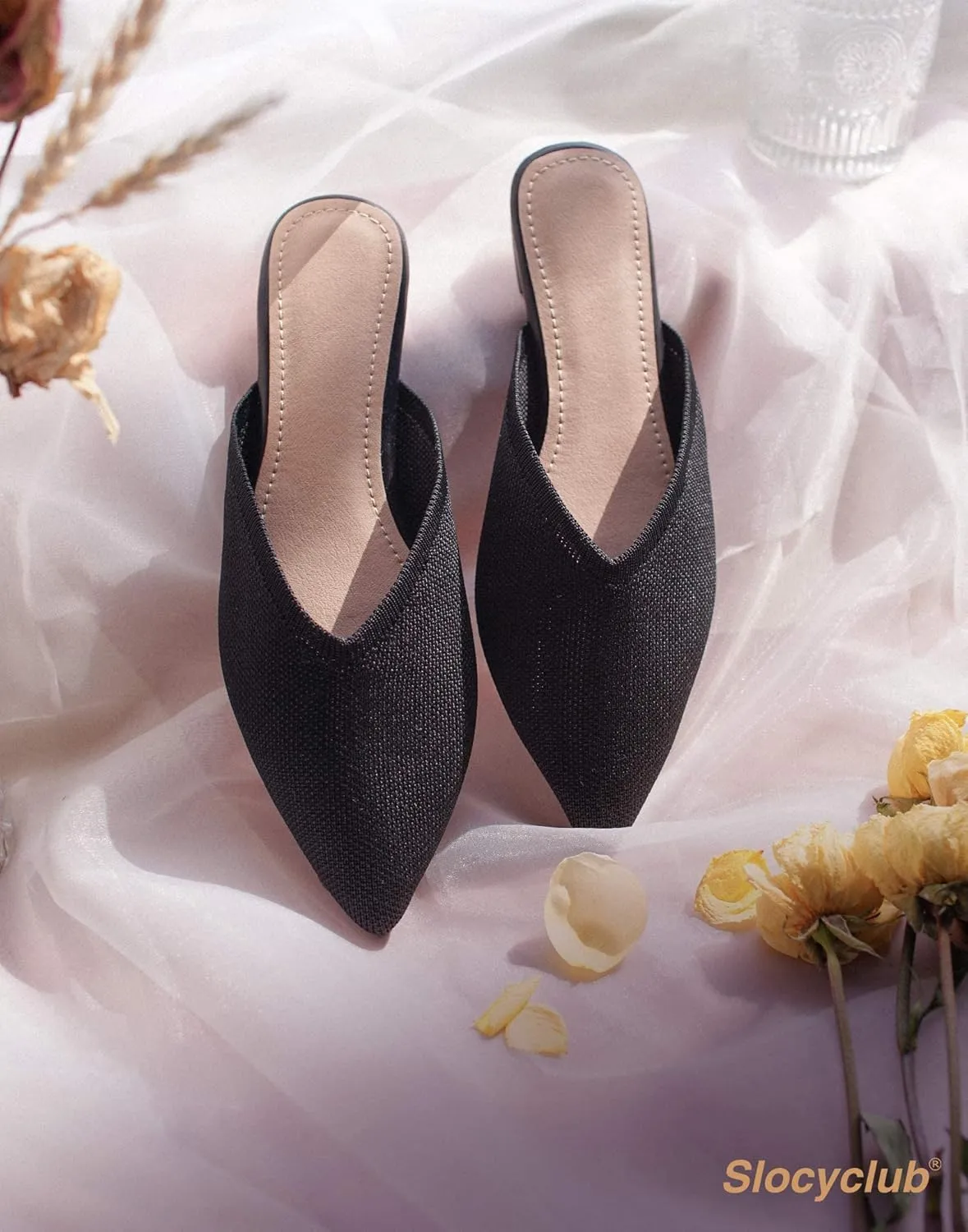 Slocyclub Women's Flat Mules - Comfortable Pointed Toe Slip-On Loafers for Early Spring