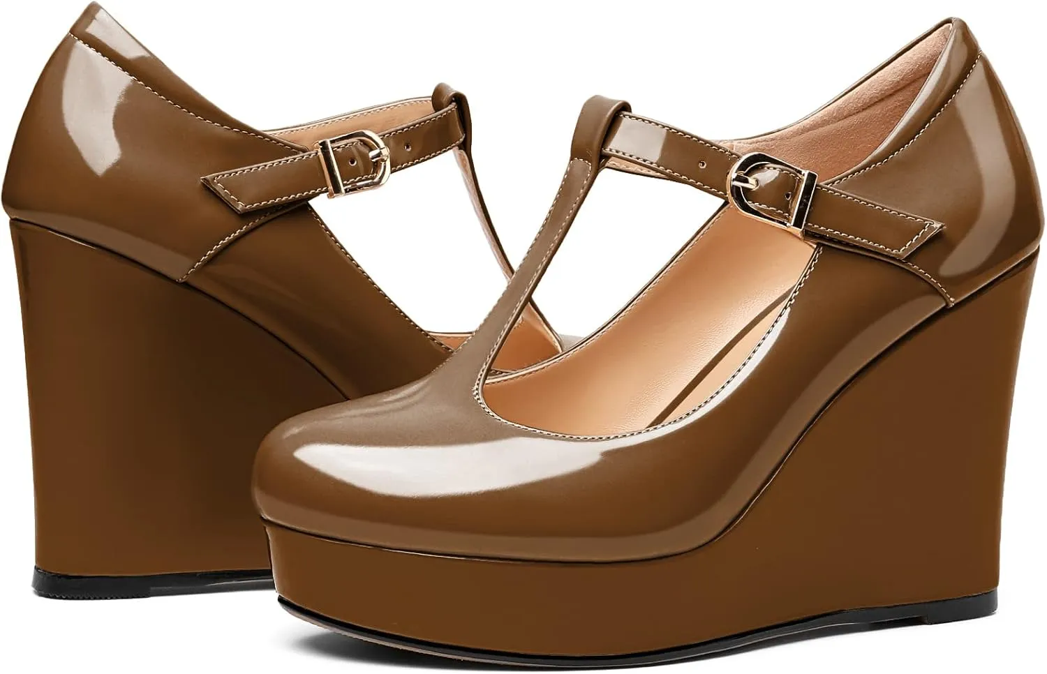 Soireelady Women's Wedges Heel Pumps Closed Round Toe Platform Heels T-Strap Buckle Wedges Platform High Heel Pump Shoes Dress Wedding Party Pumps 4Inch