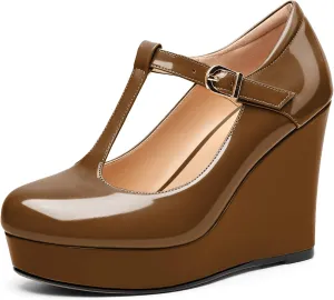 Soireelady Women's Wedges Heel Pumps Closed Round Toe Platform Heels T-Strap Buckle Wedges Platform High Heel Pump Shoes Dress Wedding Party Pumps 4Inch