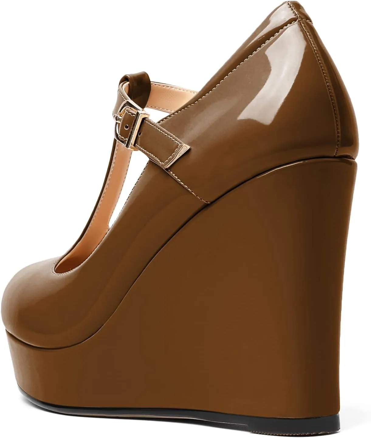 Soireelady Women's Wedges Heel Pumps Closed Round Toe Platform Heels T-Strap Buckle Wedges Platform High Heel Pump Shoes Dress Wedding Party Pumps 4Inch