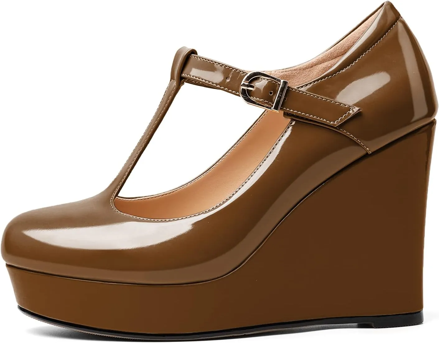 Soireelady Women's Wedges Heel Pumps Closed Round Toe Platform Heels T-Strap Buckle Wedges Platform High Heel Pump Shoes Dress Wedding Party Pumps 4Inch