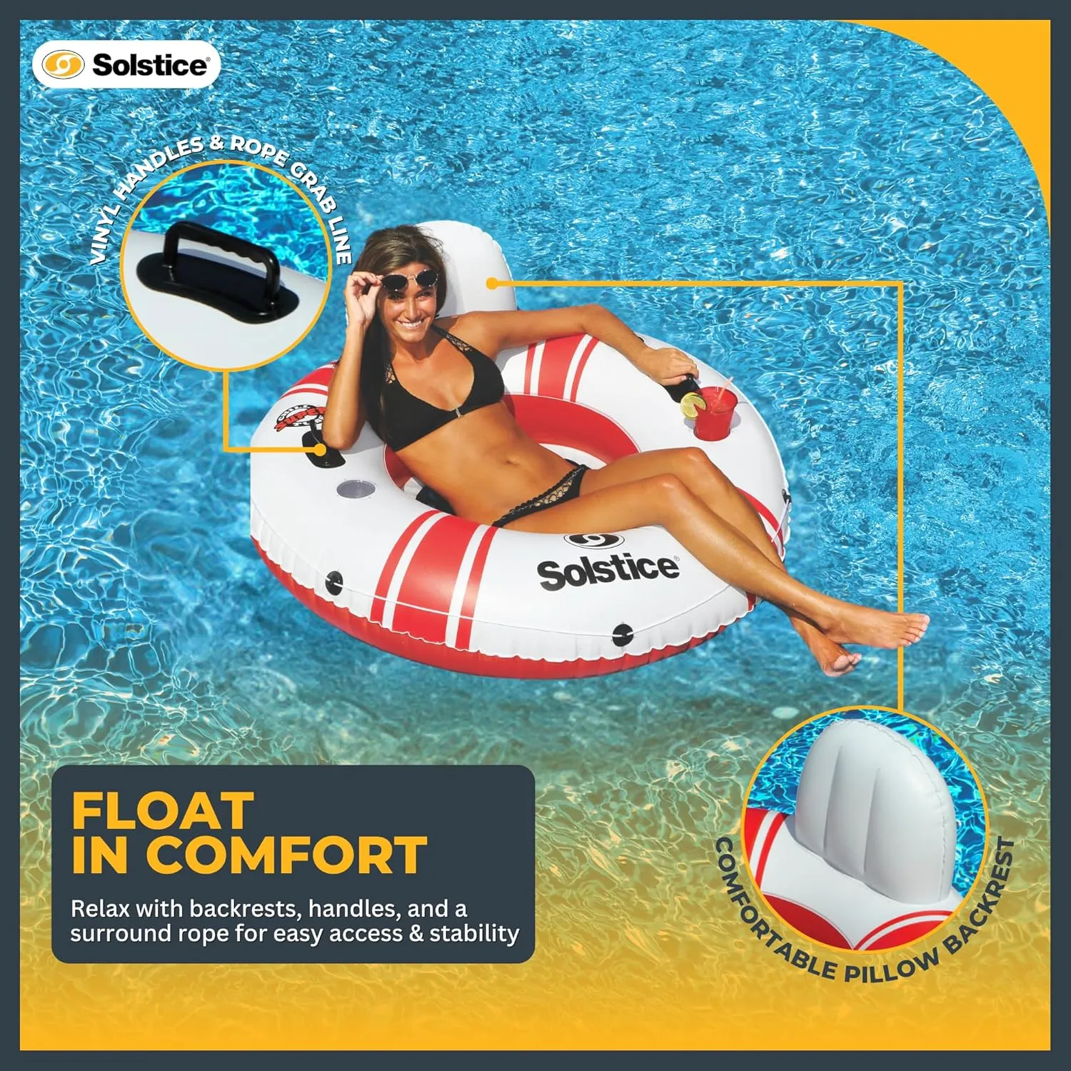 SOLSTICE Super Chill Inflatable River Raft Float Tube Series 1-6 Person With Cupholders Cooler Mesh Bottom Backrest Grab Handles Tie On Rope For River Lake Ocean Pool Floating Snow Heavy Duty Material