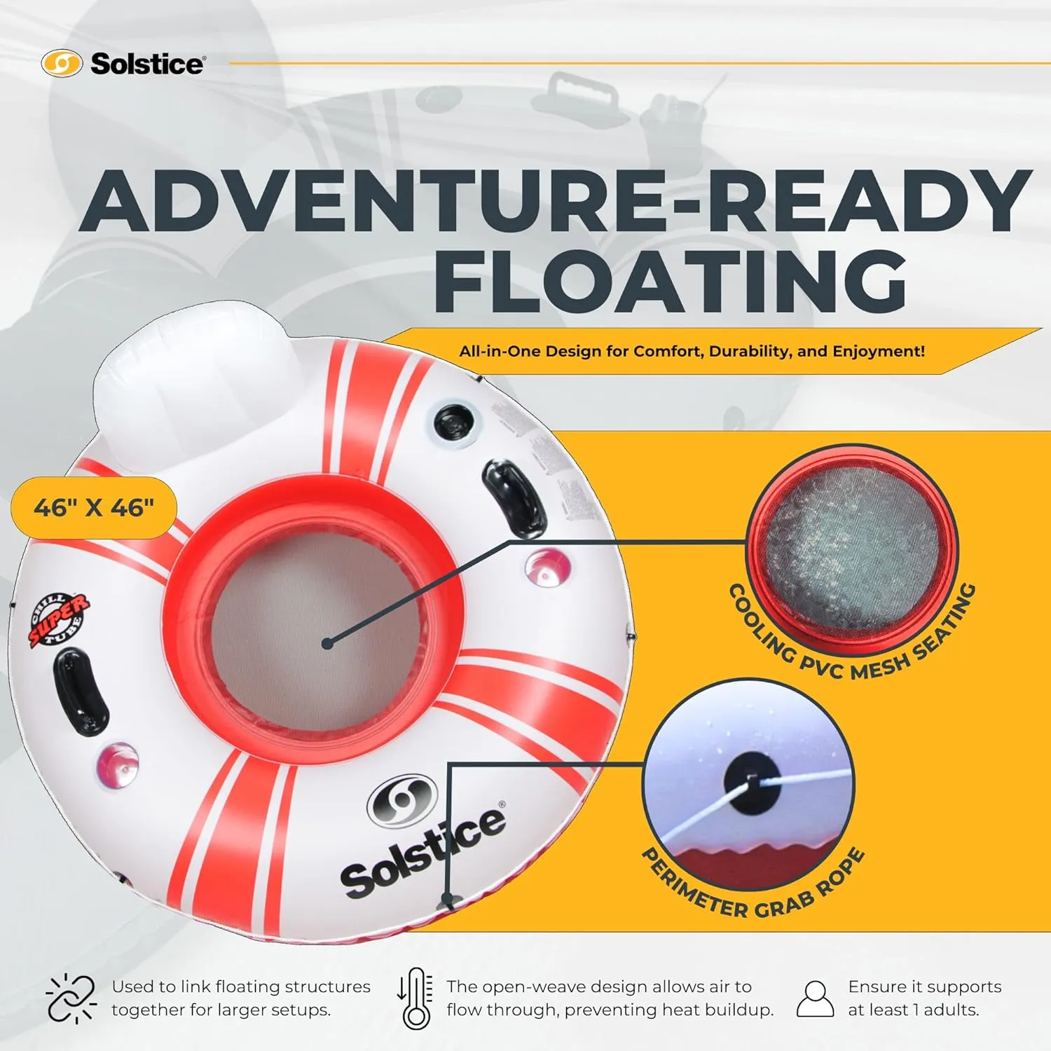 SOLSTICE Super Chill Inflatable River Raft Float Tube Series 1-6 Person With Cupholders Cooler Mesh Bottom Backrest Grab Handles Tie On Rope For River Lake Ocean Pool Floating Snow Heavy Duty Material
