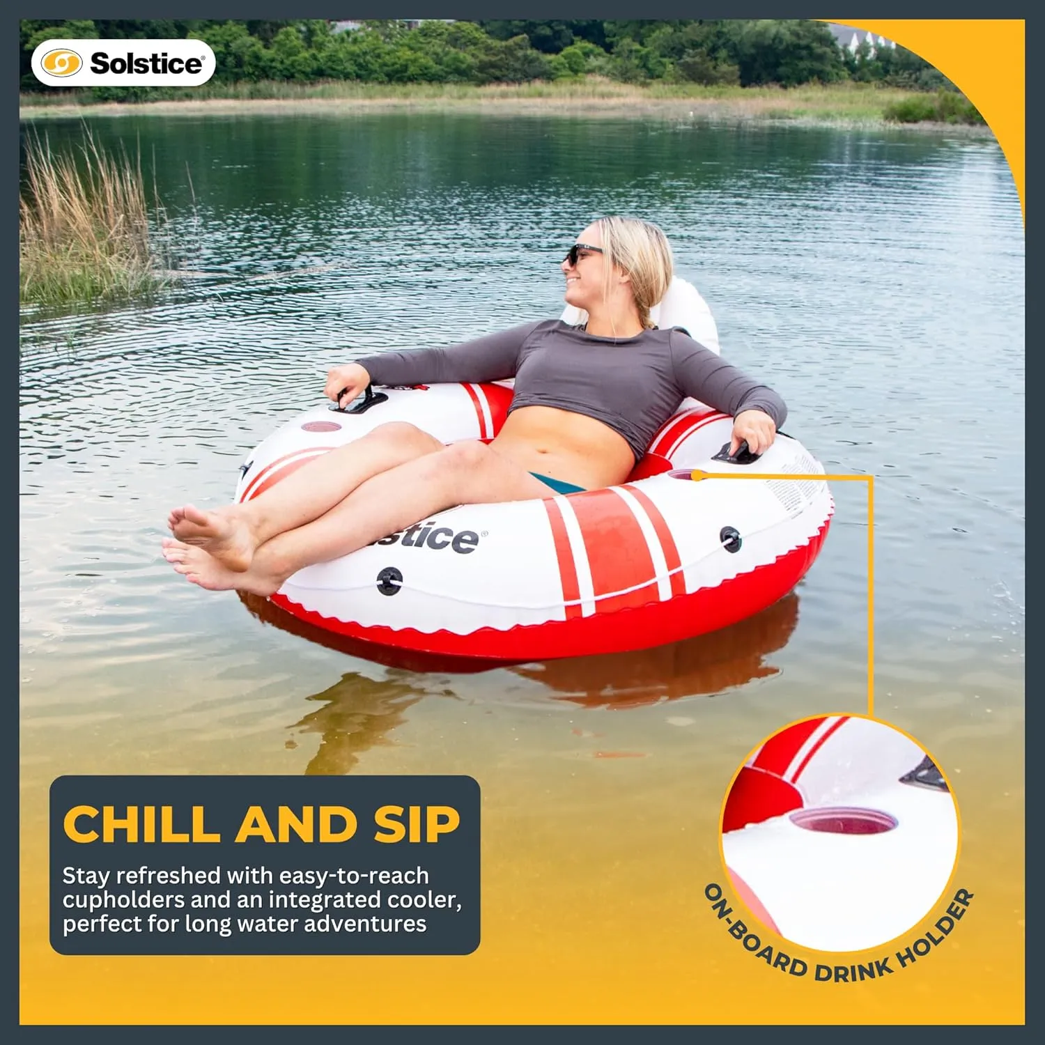 SOLSTICE Super Chill Inflatable River Raft Float Tube Series 1-6 Person With Cupholders Cooler Mesh Bottom Backrest Grab Handles Tie On Rope For River Lake Ocean Pool Floating Snow Heavy Duty Material
