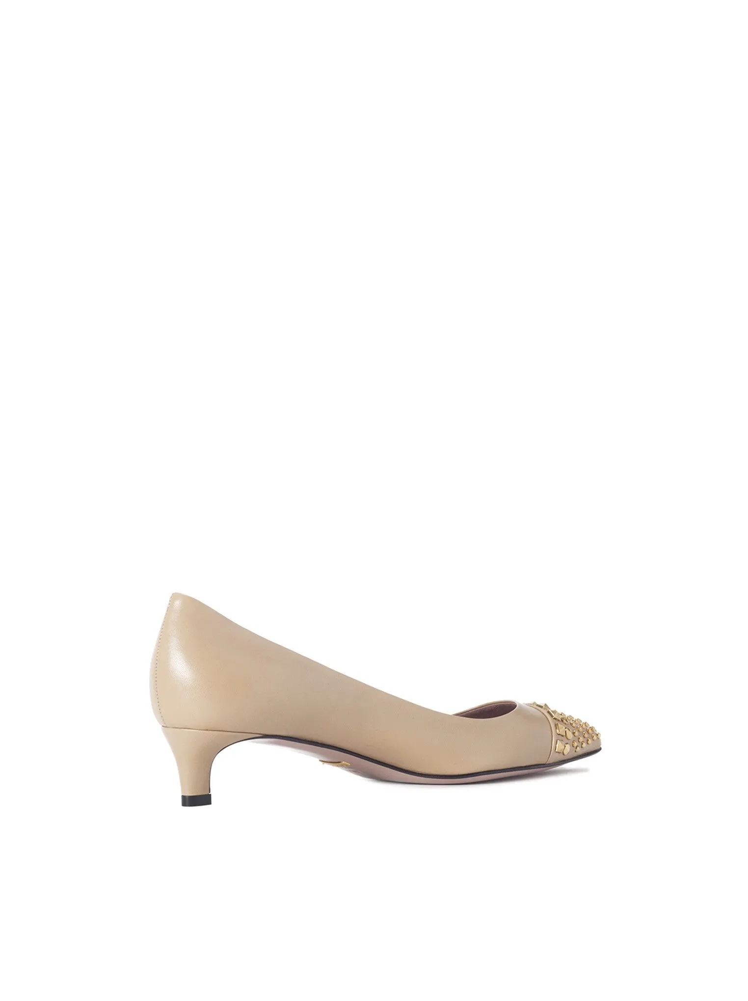 Studded Leather Low-Heel Pump - Beige