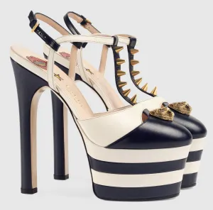 Studded Striped-Leather Platform Pump-Black